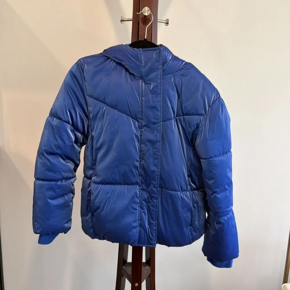 Gap Kids Hooded Puffer Jacket Shiny Blue Fleece Lined XXL